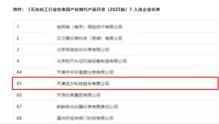 迅爾科技入選《石化化工行業儀表國產化替代產品目錄(2025 版)》